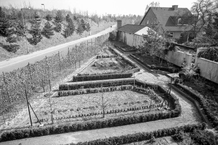 Blick auf die Resthälfte des ehemaligen Grundstücks meines Großonkels. Die andere Hälfte und das Wohnhaus mußten in den 70ern dem Lärmschutzwall der A44 weichen. Das alte Wohnhaus stand zentral im Fluchtpunkt des Bildes. Die dreieckige Gartenrestfläche übernahm der direkte Nachbar. Das Haus rechts ist ein Neubau aus den 70ern.